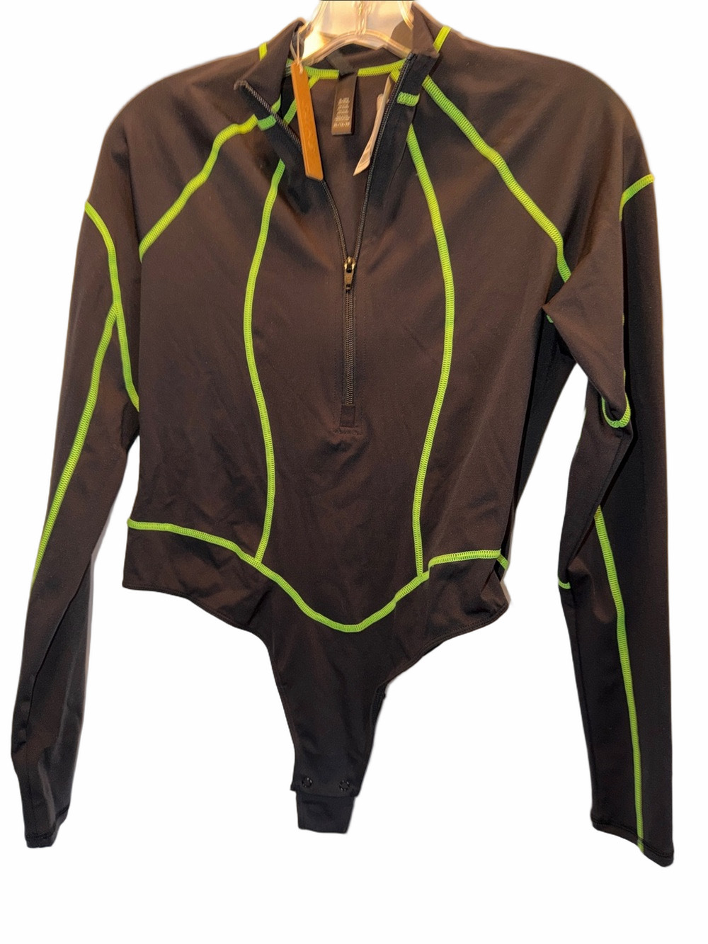 SKIN’S Black Long-Sleeve Bodysuit, Neon Green Piping, Size XL, PTP 17”, (T2-299)